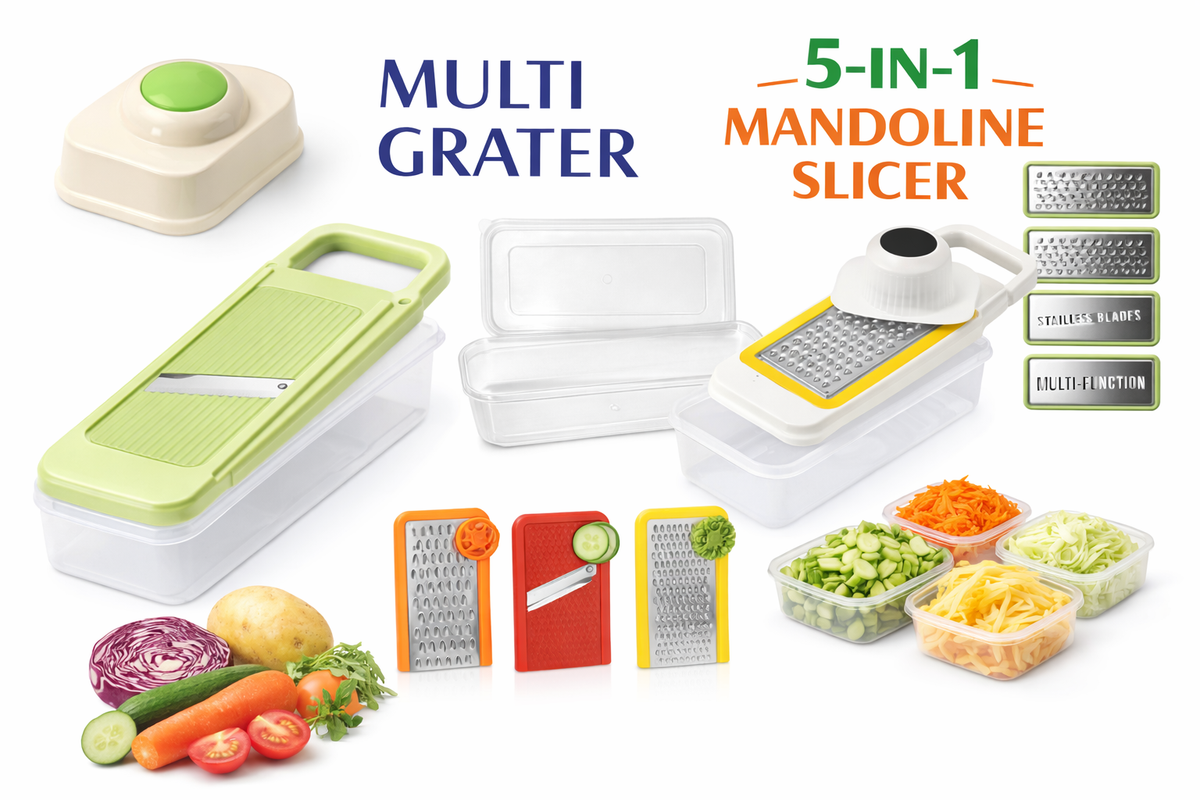 5-in-1 Multi Grater & Mandoline Slicer with Storage Box – Stainless Steel Vegetable & Fruit Cutter
