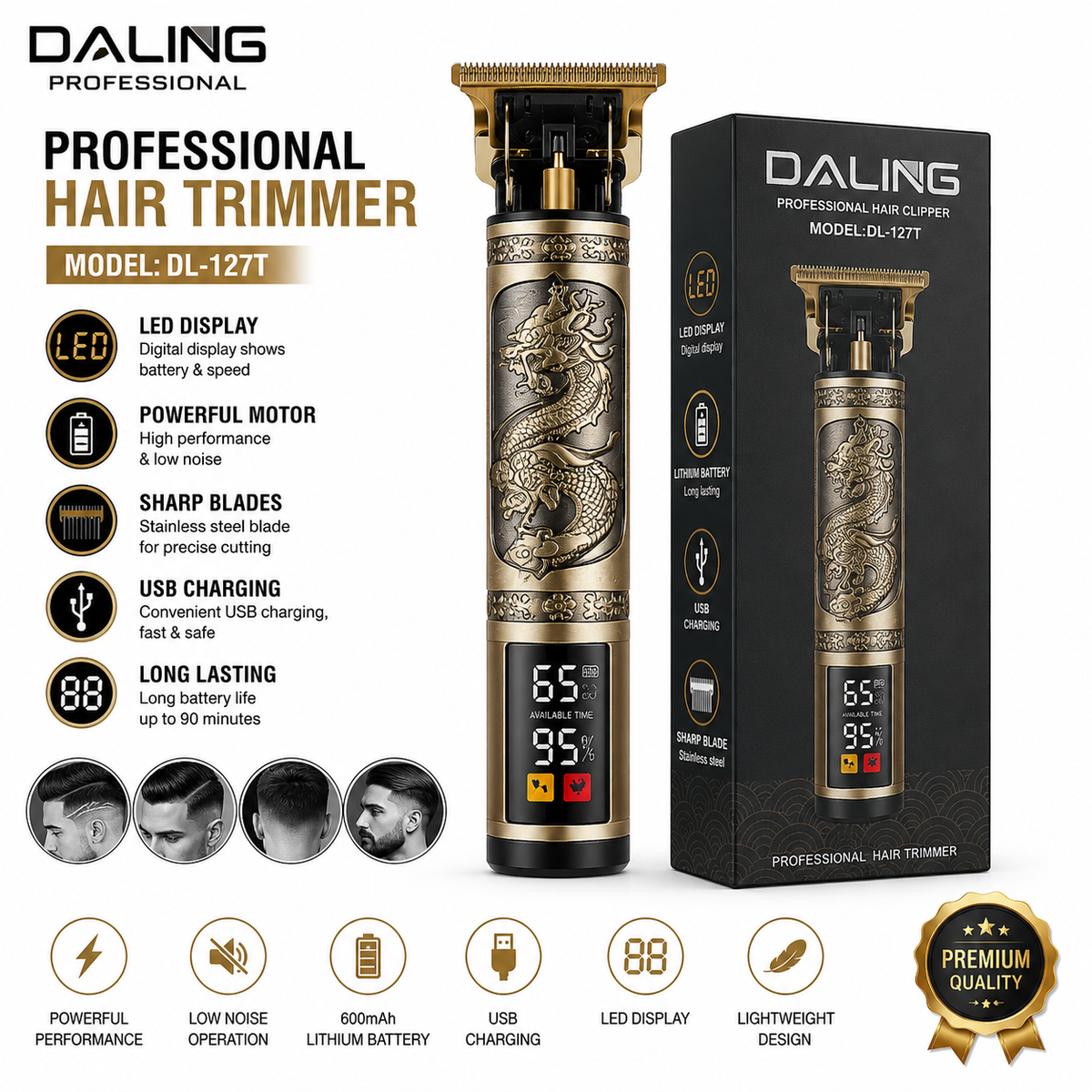 Daling DL-127T Professional Hair Trimmer | Cordless Beard & Hair Clipper with LED Display