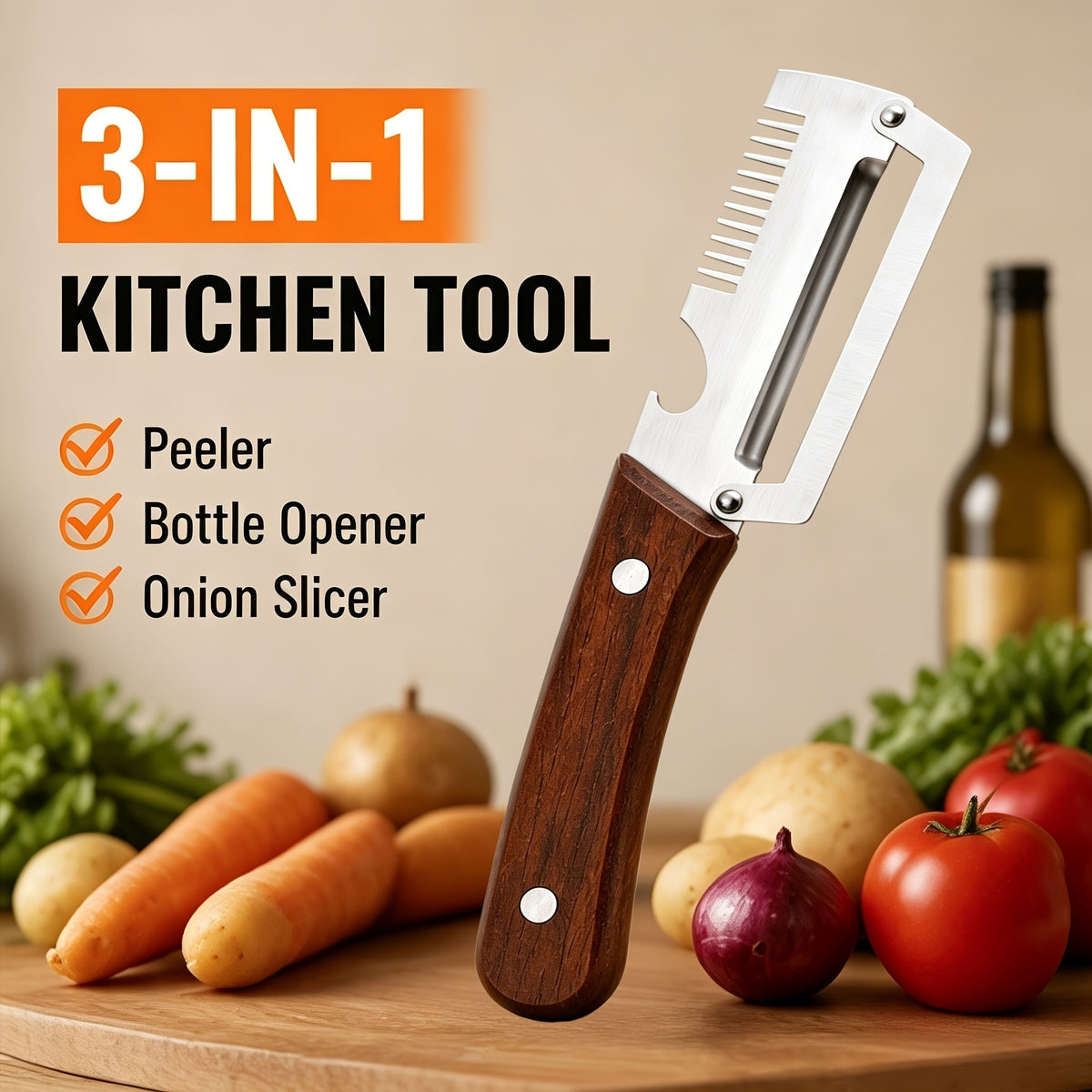 3-in-1 Stainless Steel Peeler Knife with Wooden Handle