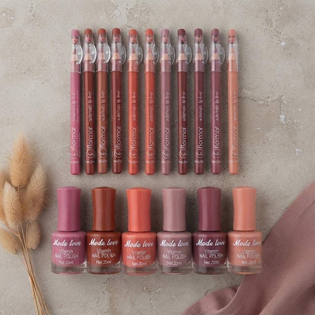 Nails Polish & Lip Pencils Combo Deal – 12 Lip Pencils + 6 Nail Polishes