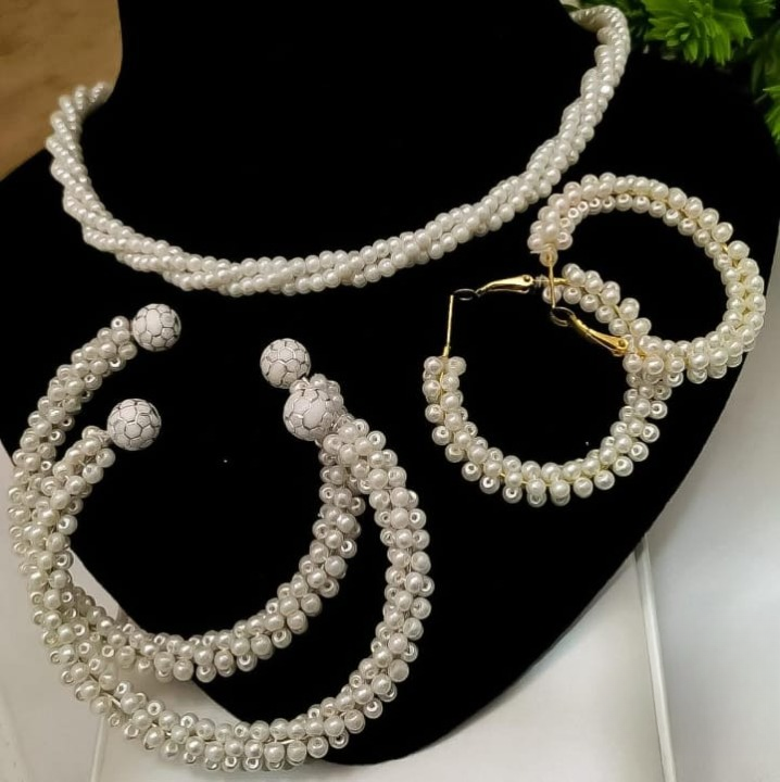 Women’s Pearl Elegant Jewelry Set – Bangles, Long Mala & Gajra Bali Earrings(White)