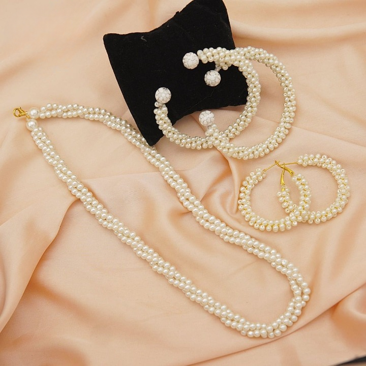 Women’s Pearl Elegant Jewelry Set – Bangles, Long Mala & Gajra Bali Earrings(White)