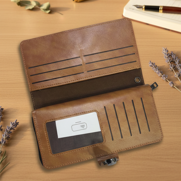Premium Leather Travel Organizer Wallet with Metal Lock Closure – Brown