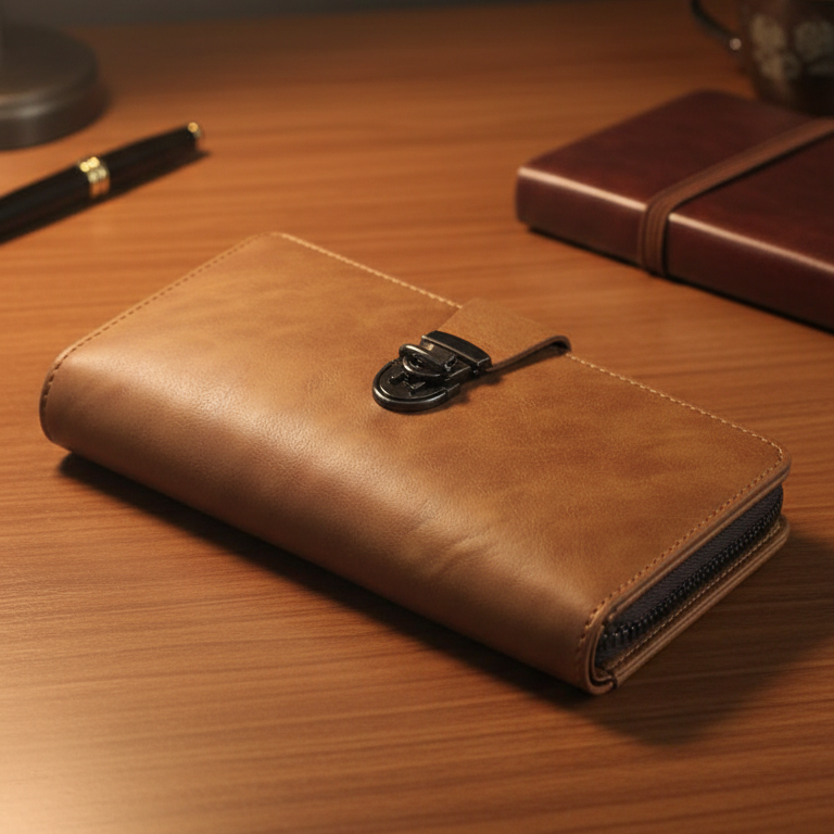 Premium Leather Travel Organizer Wallet with Metal Lock Closure – Brown