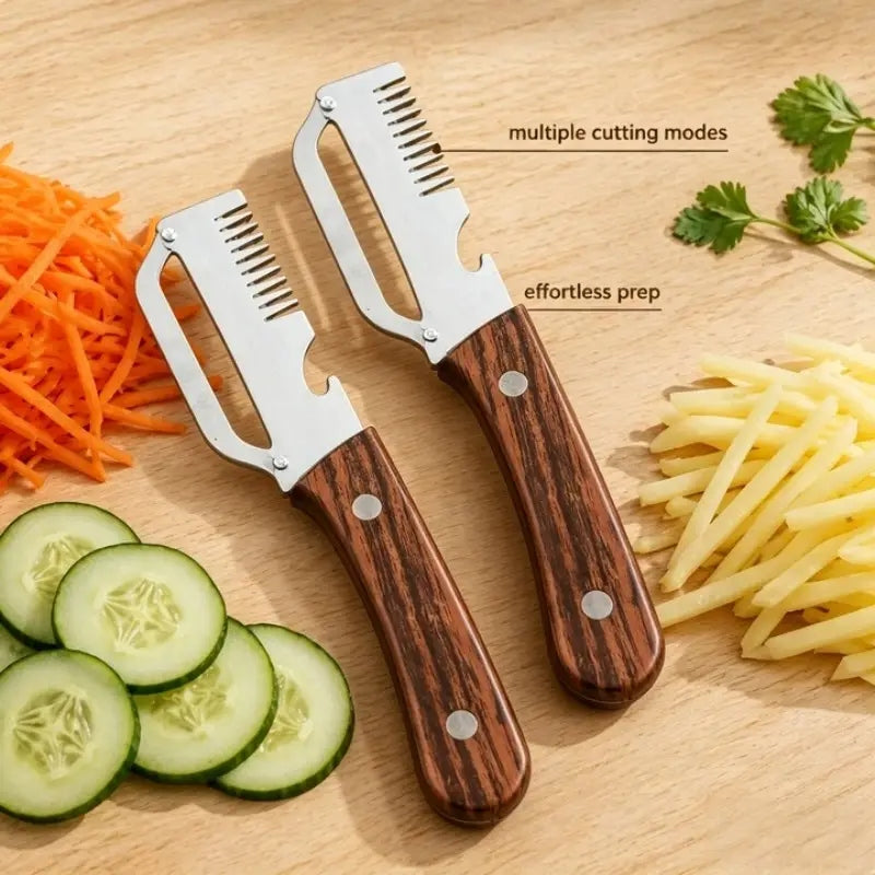 3-in-1 Stainless Steel Peeler Knife with Wooden Handle