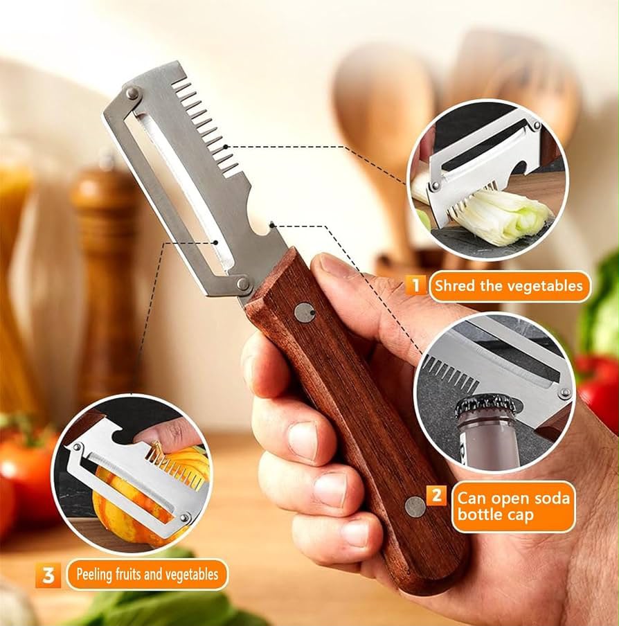 3-in-1 Stainless Steel Peeler Knife with Wooden Handle