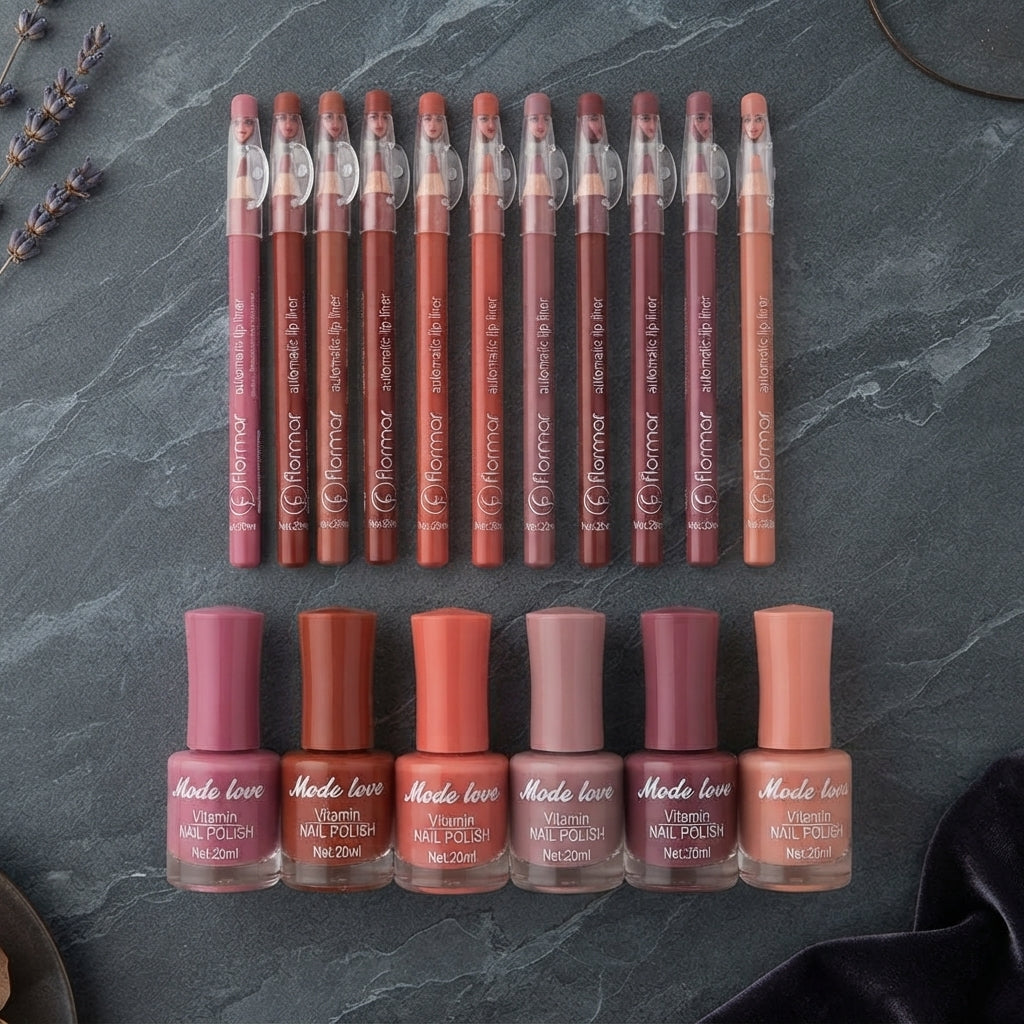 Nails Polish & Lip Pencils Combo Deal – 12 Lip Pencils + 6 Nail Polishes