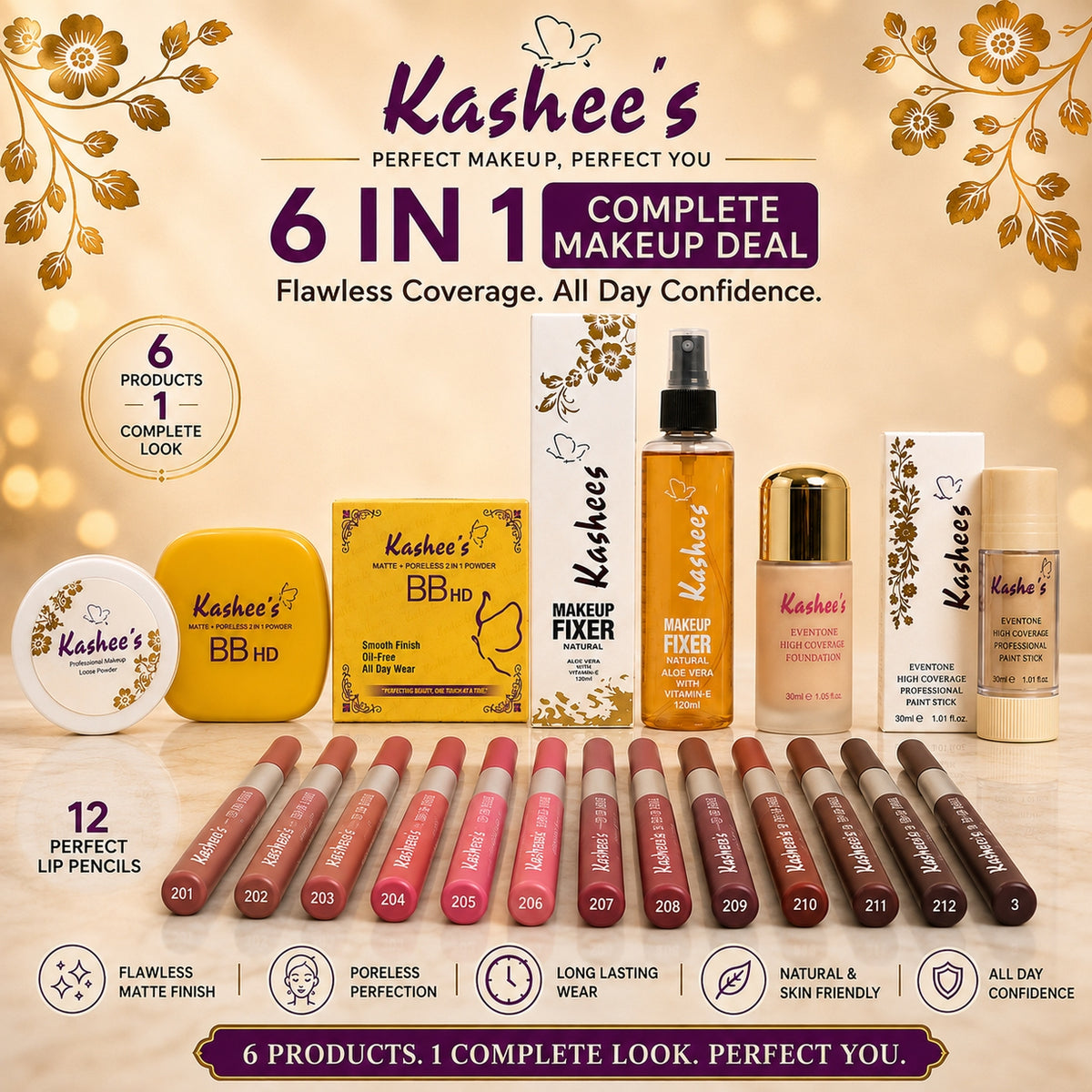Kashee’s 6-In-1 Makeup Deal – Foundation, Fixer, Lip Pencil Set, Face Powder, Loose Powder & Paint Stick | Pack of 6